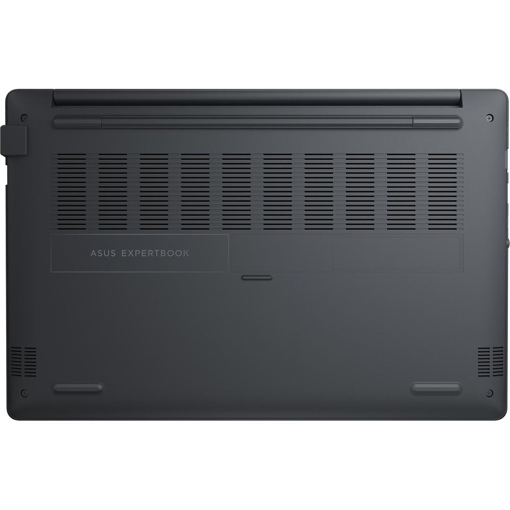 Vue de dessous d'un ordinateur portable Asus ExpertBook sombre avec fentes d'aération sur fond uni.