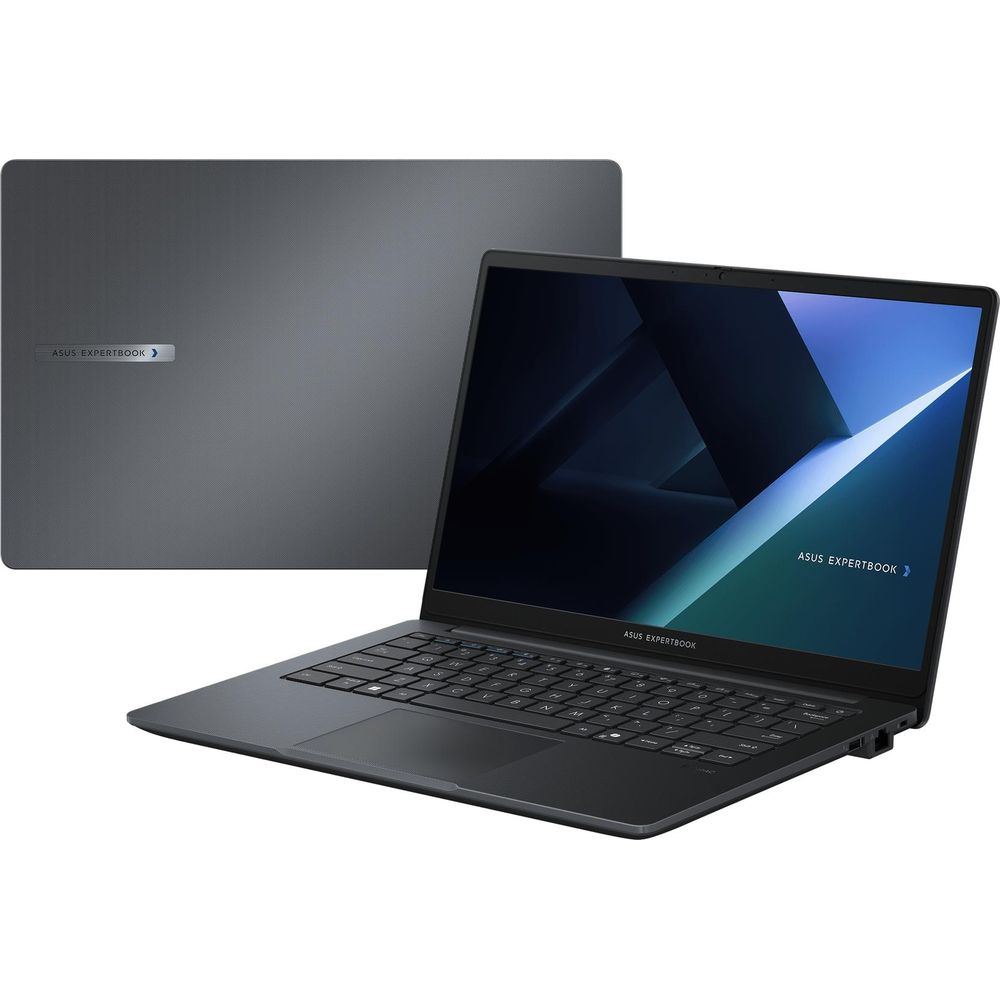 Un ordinateur portable gris ASUS ExpertBook, ouvert avec fond bleu et fermé en arrière-plan.