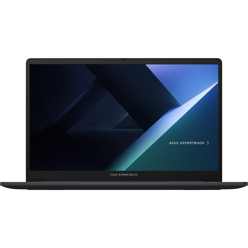 Un ordinateur portable ASUS ExpertBook noir avec fond d'écran bleu.