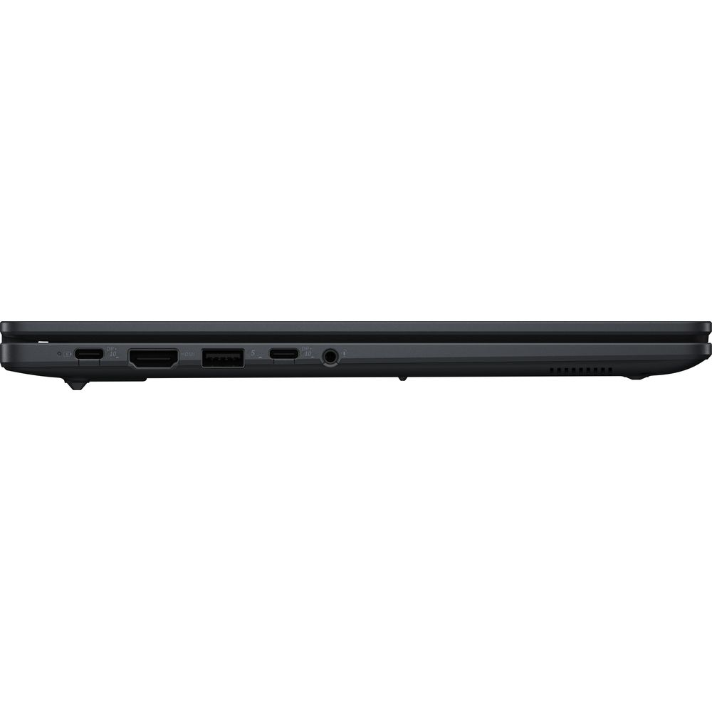 Vue latérale d'un ordinateur portable sombre avec des ports USB-C, HDMI, USB-A et audio.