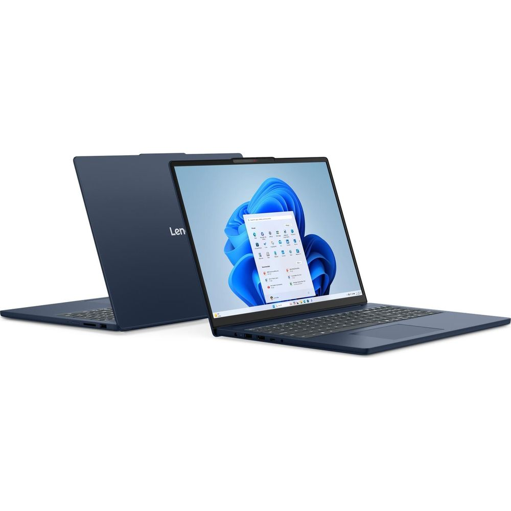 Deux ordinateurs portables Lenovo bleu foncé sur fond blanc, l'un de face avec écran bleu et l'autre de profil.