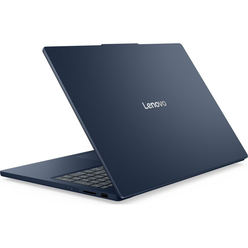 Un ordinateur portable Lenovo bleu foncé vu de dos, montrant le clavier et l'écran fermé avec un logo argenté.