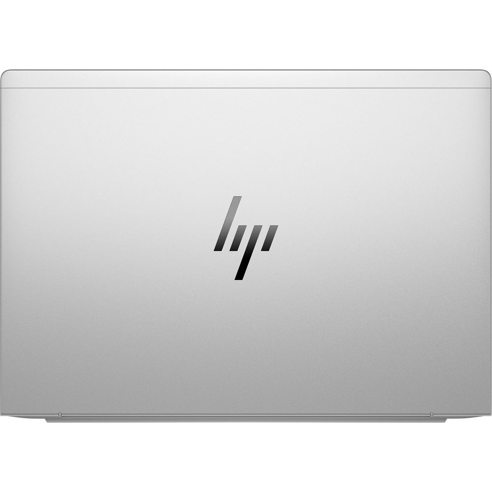 La cover superiore chiusa di un laptop HP argento mostra il logo HP nero al centro.