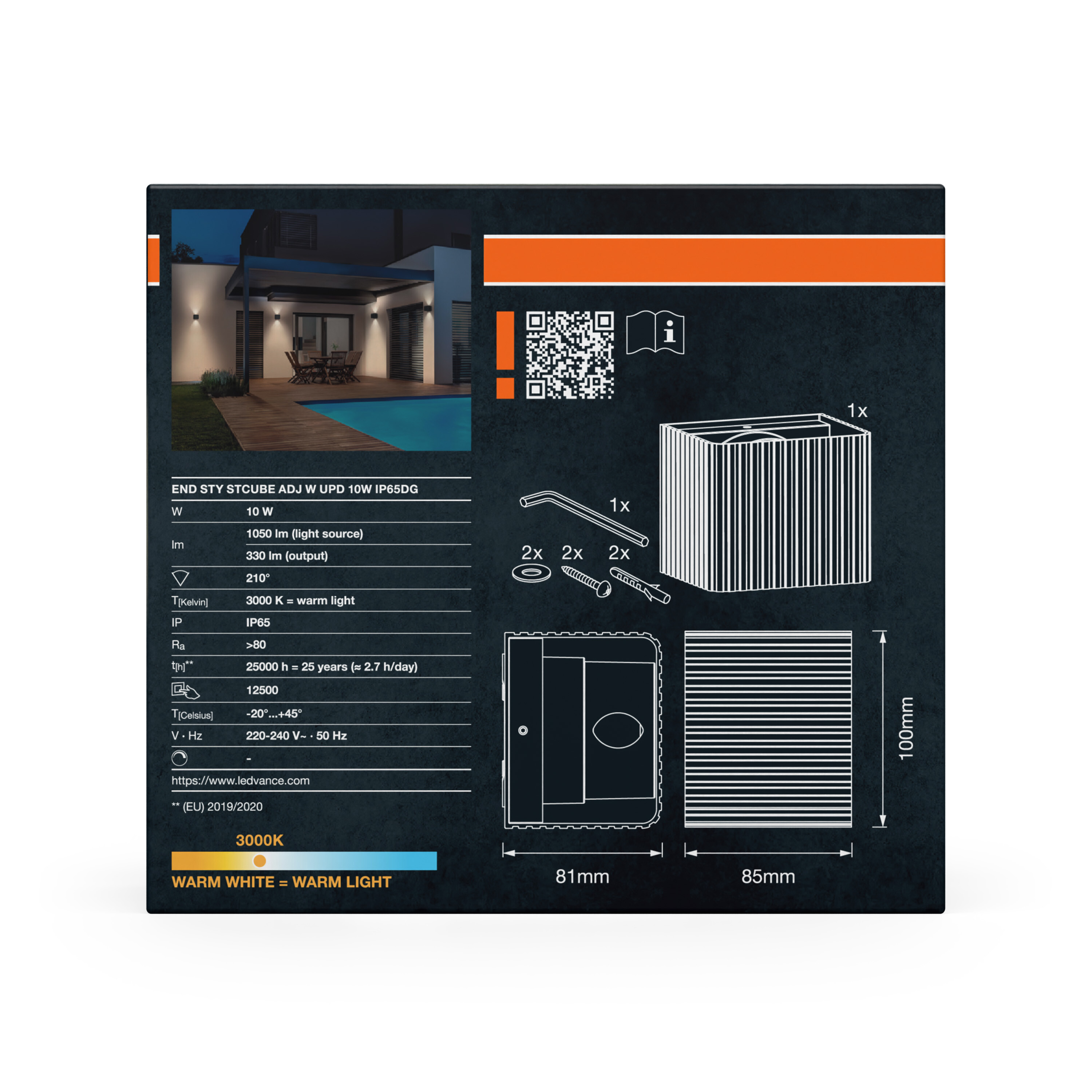 Technische Produktdaten und Abmessungen einer LED-Wandleuchte auf dunklem Hintergrund.