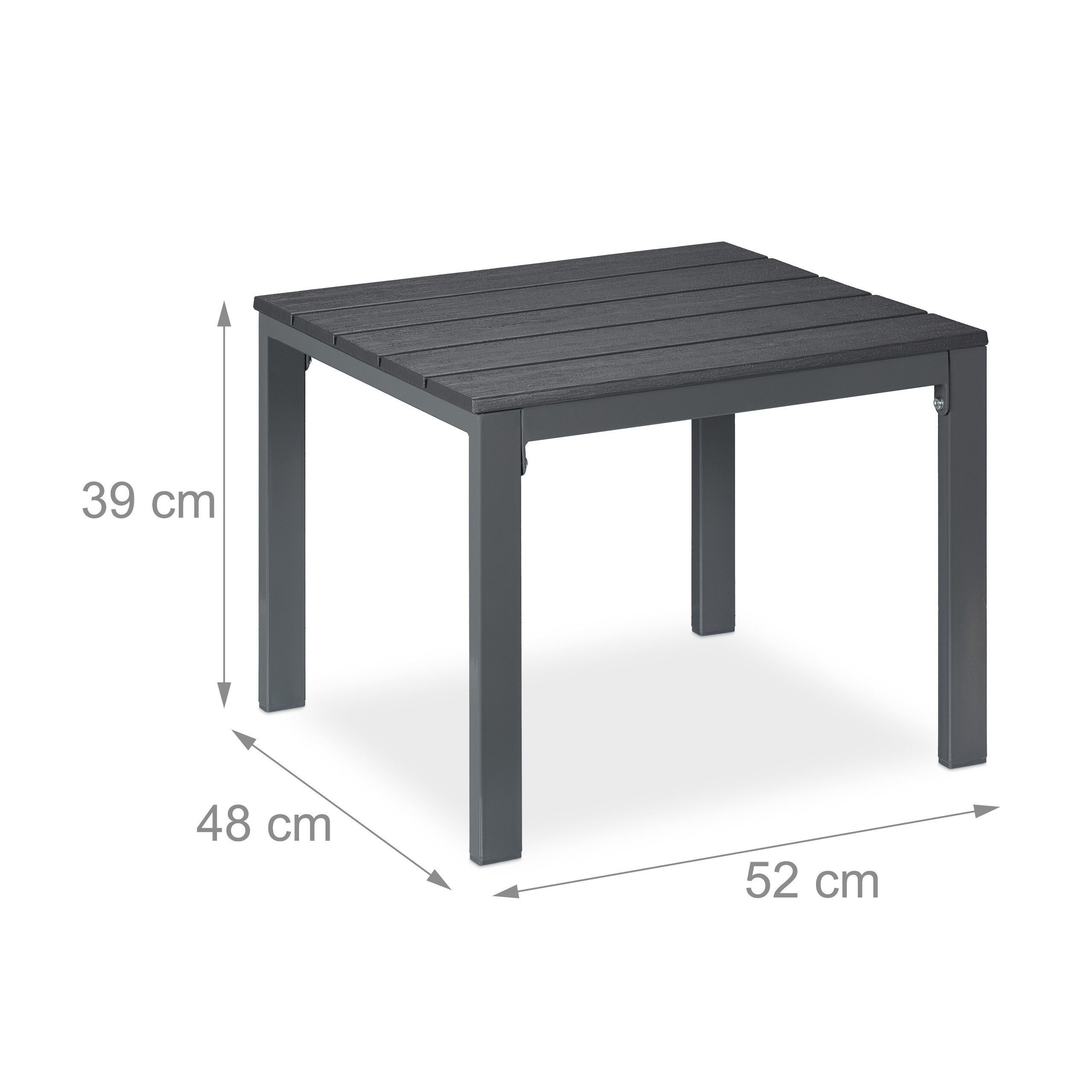 Ein grauer Gartentisch mit Maßen: 52 cm breit, 48 cm tief und 39 cm hoch.
