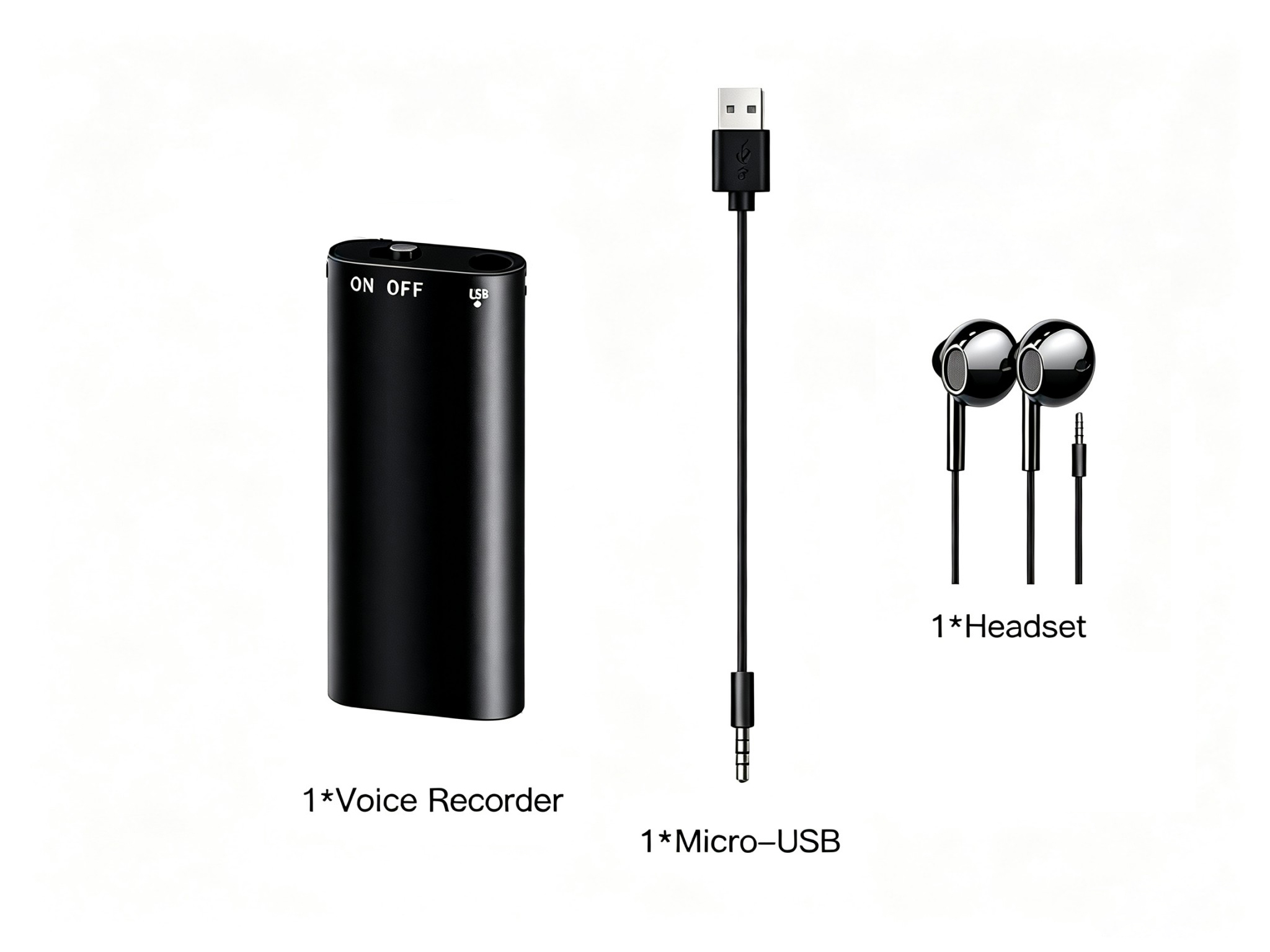 Ein schwarzer Diktiergerät, ein USB-Kabel und ein kabelgebundenes Headset auf weißem Hintergrund.