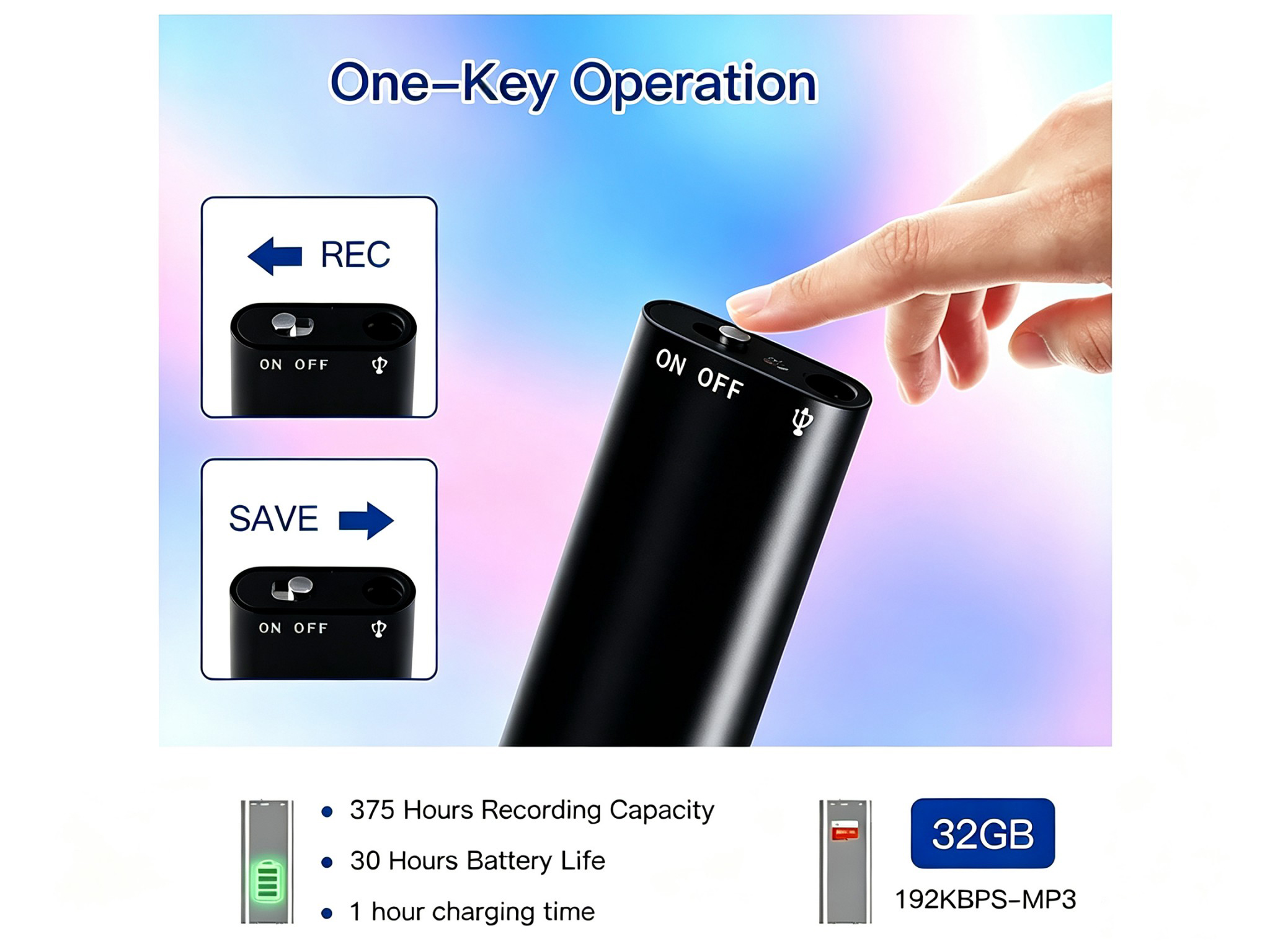 Eine Hand drückt eine Taste auf einem Diktiergerät mit 32 GB Speicher und 375 Stunden Aufnahme.