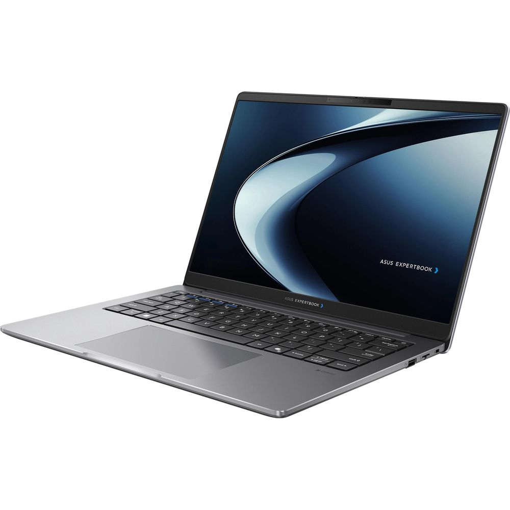 Un ordinateur portable Asus ExpertBook argenté ouvert est présenté de biais sur fond blanc, avec un fond d'écran abstrait.