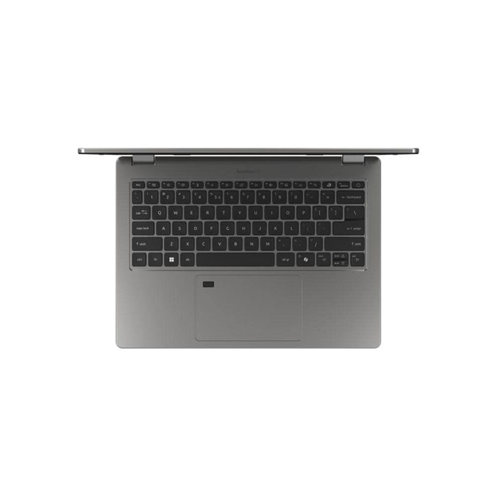Vue de dessus d'un clavier d'ordinateur portable gris et d'un pavé tactile sur fond blanc.