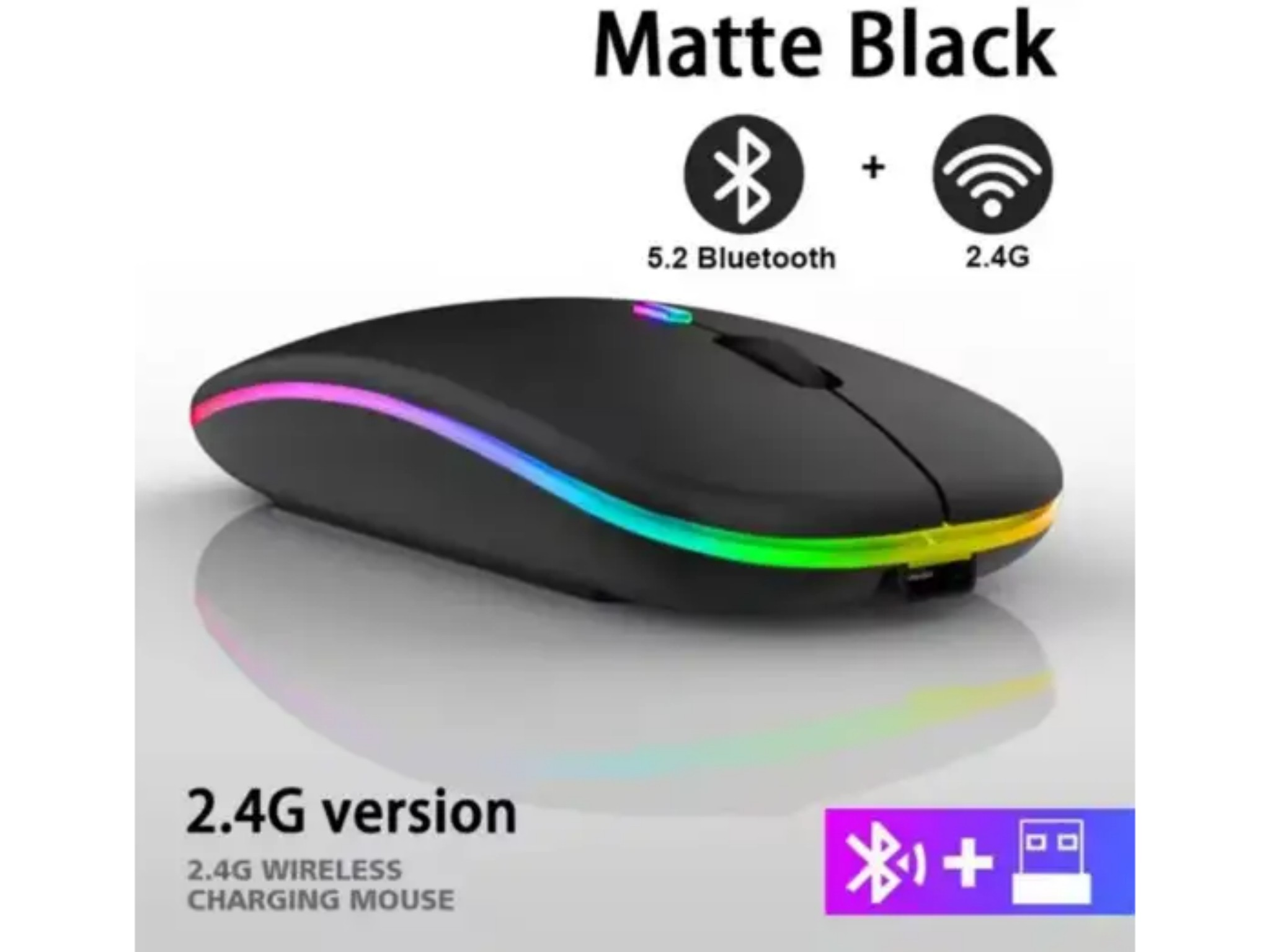 Mattes schwarzes drahtloses RGB-Mausprodukt mit Bluetooth 5.2 und 2.4G-Konnektivität.