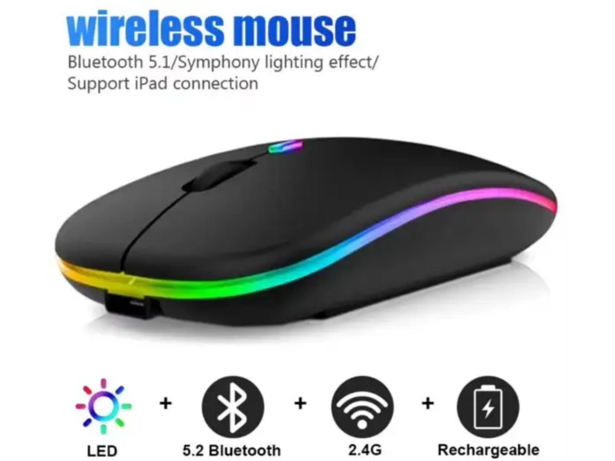 Eine schwarze kabellose Maus mit bunter LED-Beleuchtung, Bluetooth und Wiederaufladbarkeit.