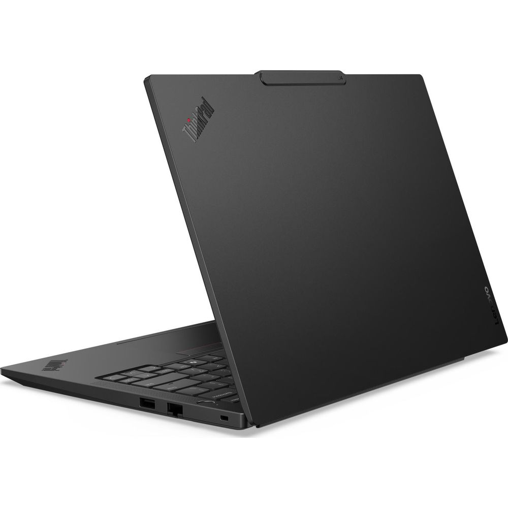 Un ordinateur portable Lenovo ThinkPad noir est présenté sous un angle arrière sur une surface blanche.