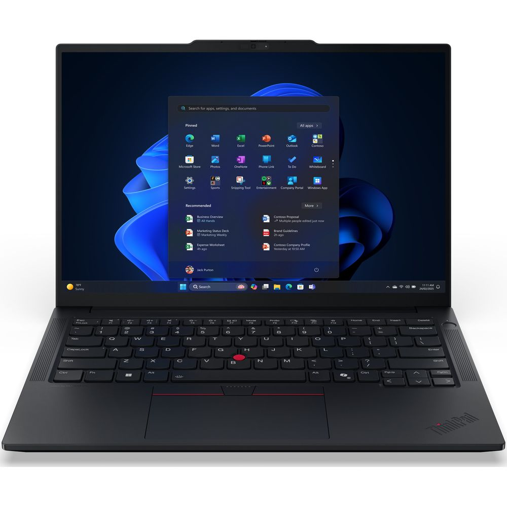 Un computer portatile nero mostra il desktop Windows con menu di avvio e onda blu.