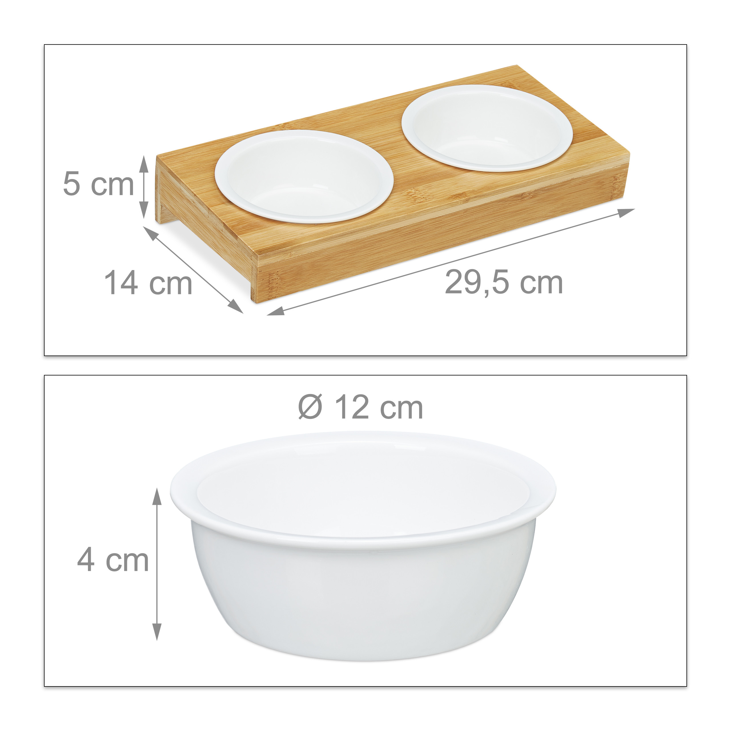 Holzstand mit zwei weißen Keramikschüsseln und Maßangaben.