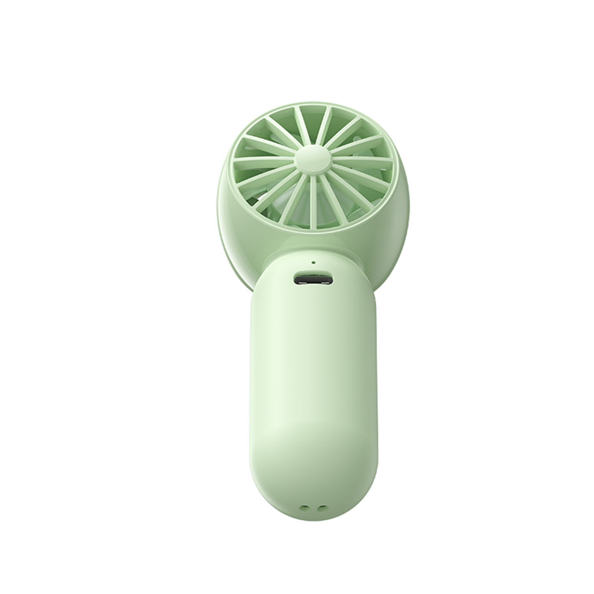 Ein kleiner, hellgrüner Handventilator auf weißem Hintergrund mit einem USB-Anschluss.