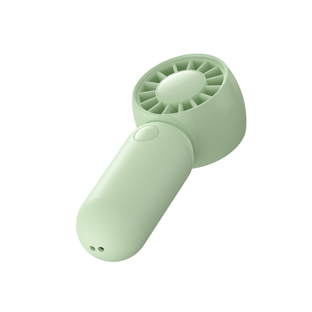 Ein tragbarer, hellgrüner Handventilator auf weißem Hintergrund.