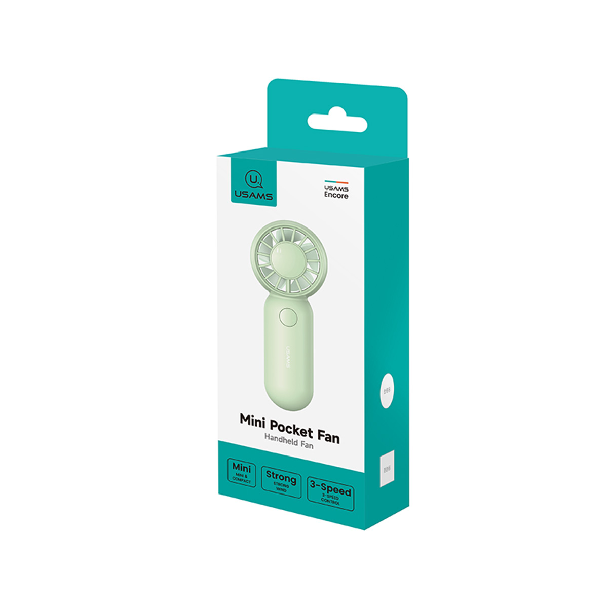 Eine grüne Schachtel mit einem Mini-Taschenventilator, der den Text Mini Pocket Fan Handheld Fan zeigt.