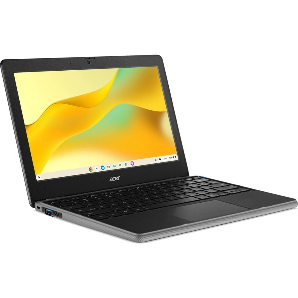Un Chromebook Acer noir et gris ouvert sur une surface blanche, affichant un fond d'écran abstrait jaune et vert.