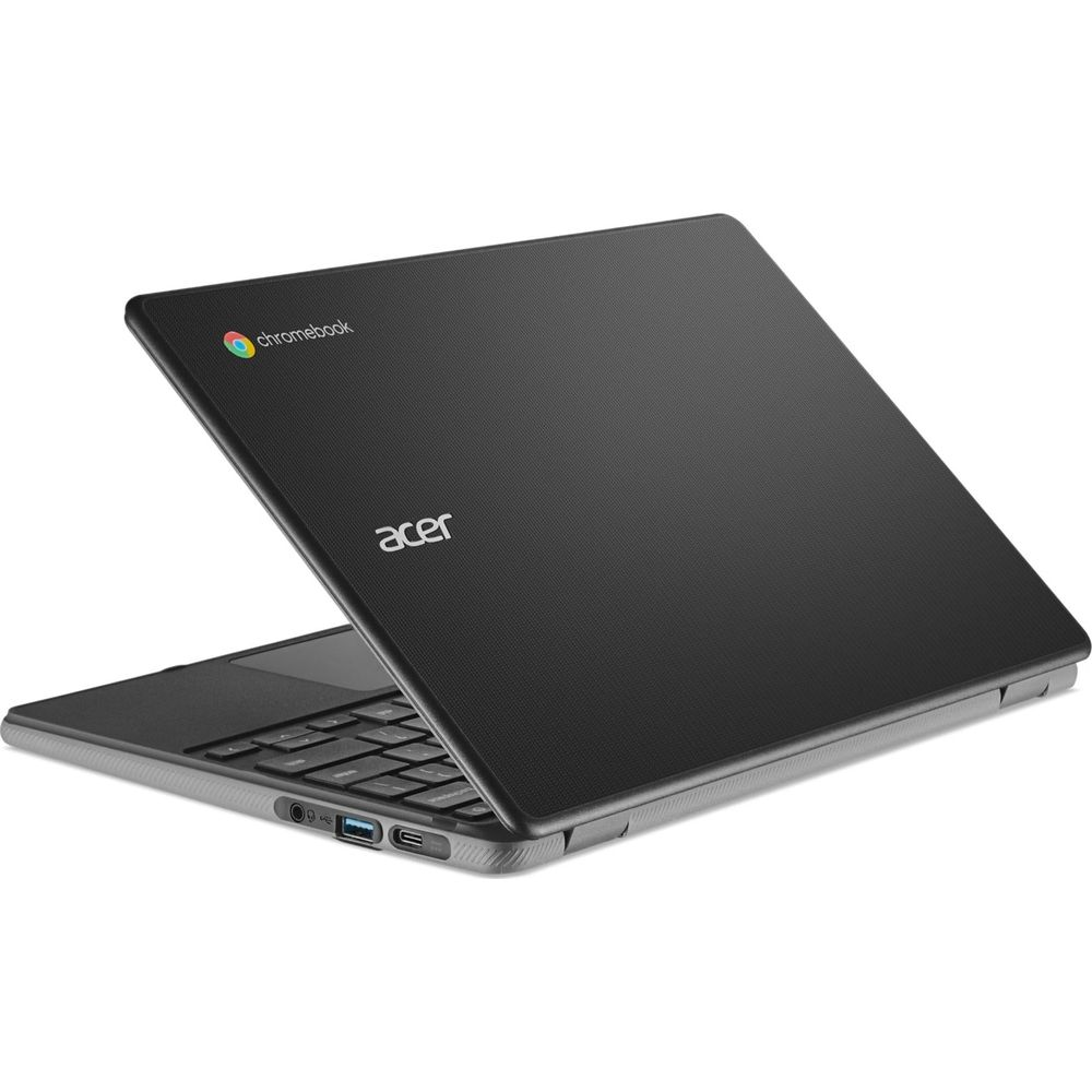 Un ordinateur portable Acer Chromebook noir légèrement ouvert sur fond blanc.