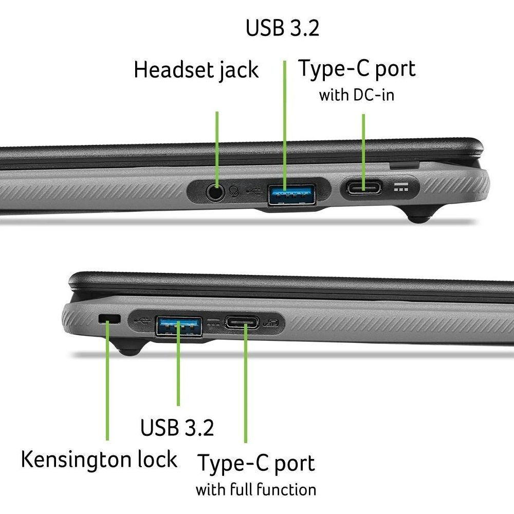 Vue latérale d'un ordinateur portable montrant prise casque, USB 3.2, port Type-C et verrou Kensington.