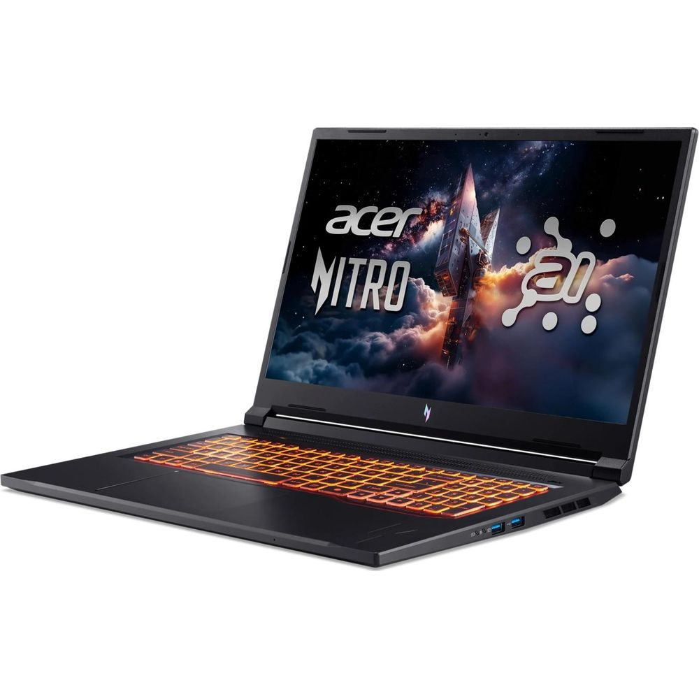 Un ordinateur portable noir Acer Nitro avec un clavier rétroéclairé orange affiche une image sur le thème de l'espace.