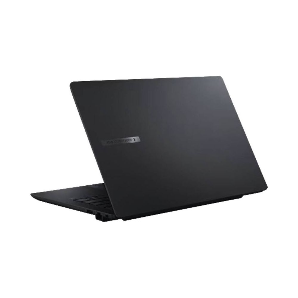 Un ordinateur portable noir fermé sur fond blanc, avec un logo Asus brillant sur le couvercle.