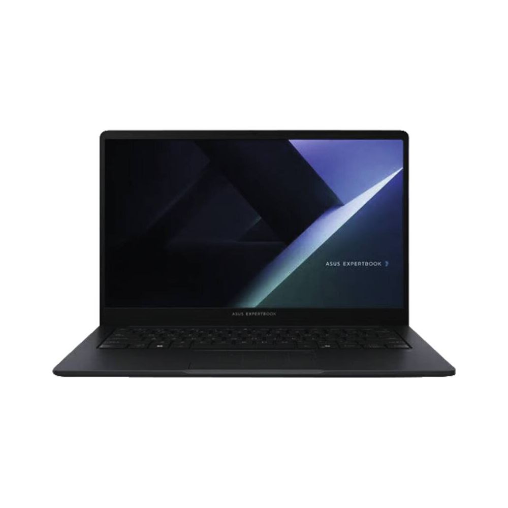 Un ordinateur portable Asus ExpertBook noir sur fond blanc, doté d'un écran bleu foncé et noir.