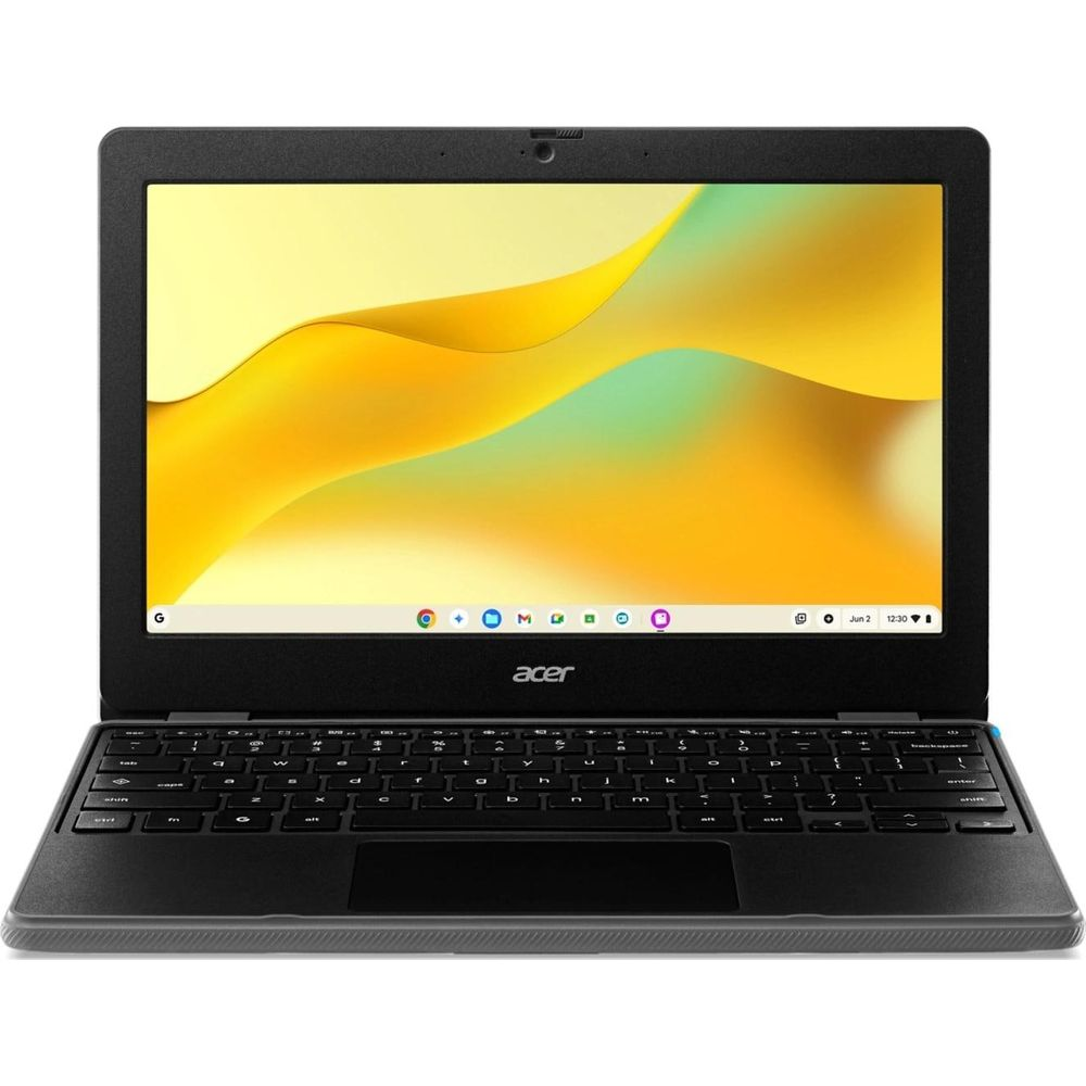 Un ordinateur portable Acer Chromebook noir ouvert affiche un fond d'écran jaune et une barre des tâches.