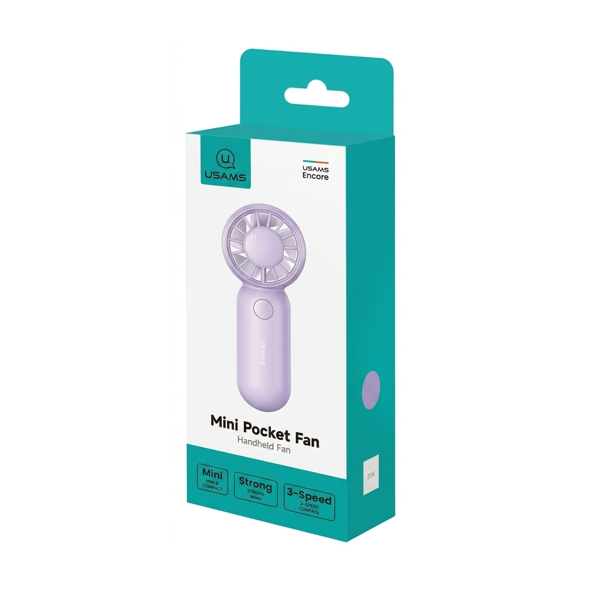 Eine türkisfarbene und weiße Schachtel für einen violetten Usams Mini-Taschenventilator.