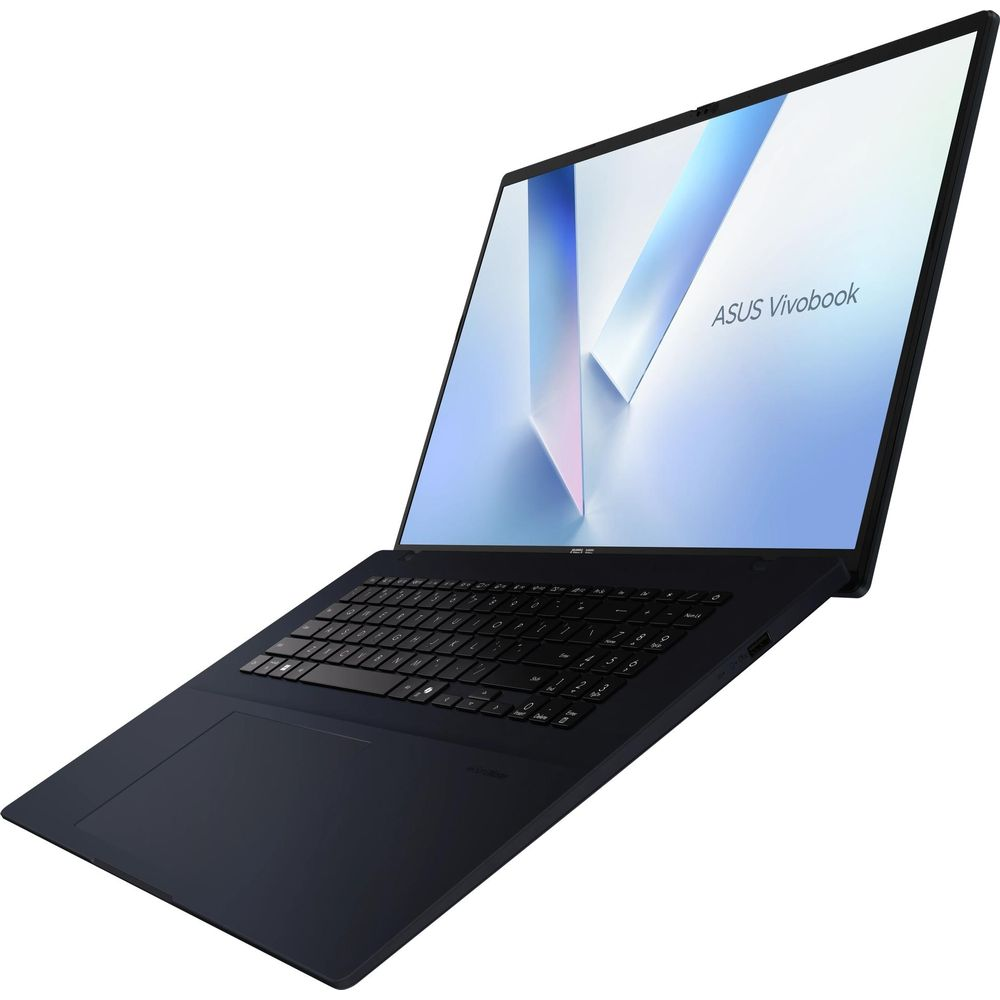 Un ordinateur portable Asus Vivobook bleu ouvert sur une surface blanche avec un graphique d'écran bleu abstrait.