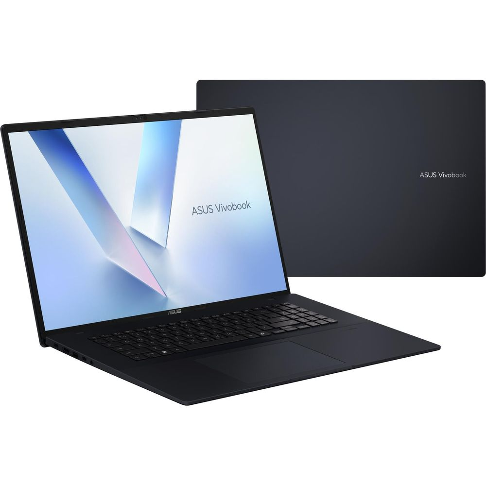 Un ordinateur portable ASUS Vivobook noir ouvert affichant un écran bleu, avec un couvercle fermé à l'arrière-plan.