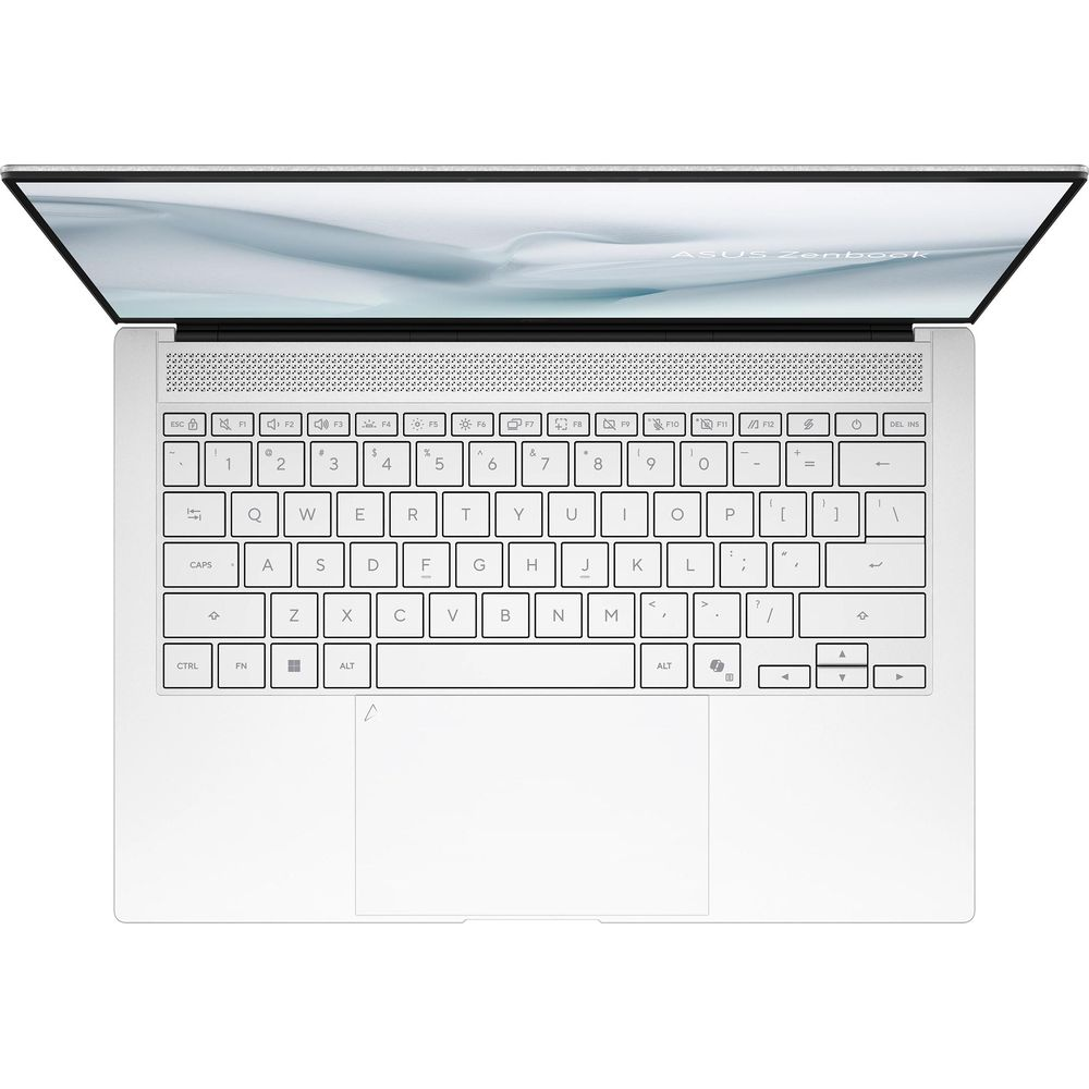 Vue de dessus d'un ordinateur portable argenté ouvert montrant son clavier blanc, son écran et son pavé tactile.