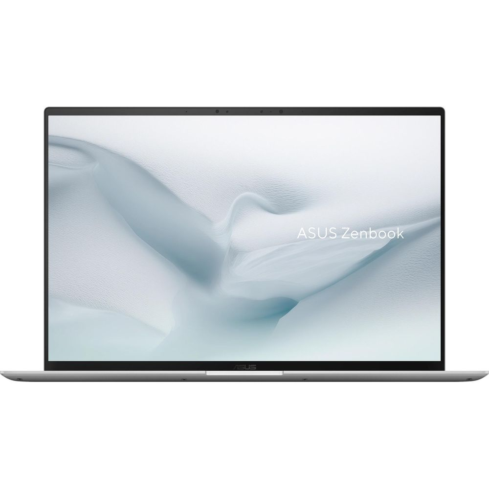 Un ordinateur portable ASUS Zenbook ouvert affiche un fond d'écran abstrait blanc sur son écran sur un fond uni.
