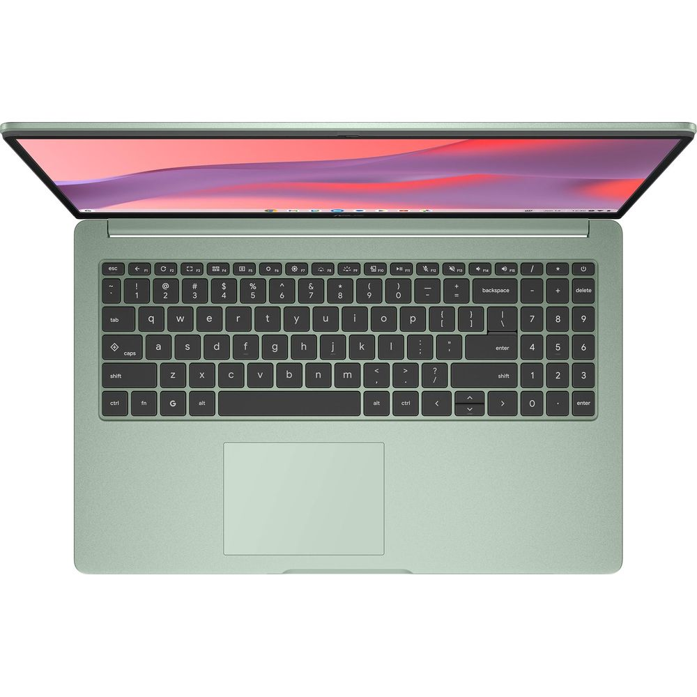 Vue de dessus d'un ordinateur portable vert clair avec clavier noir et fond d'écran coloré.