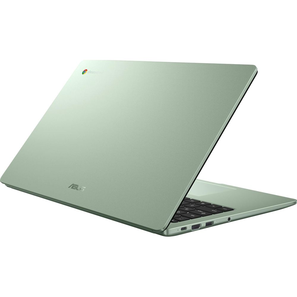 Un ordinateur portable Asus Chromebook vert clair est vu de dos, montrant son couvercle fermé et le clavier.