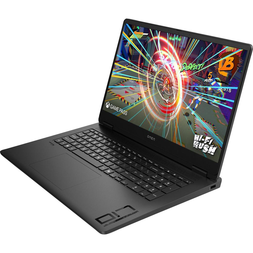 Un ordinateur portable de jeu Omen noir affiche un jeu d'action dynamique avec des graphismes colorés sur son écran.