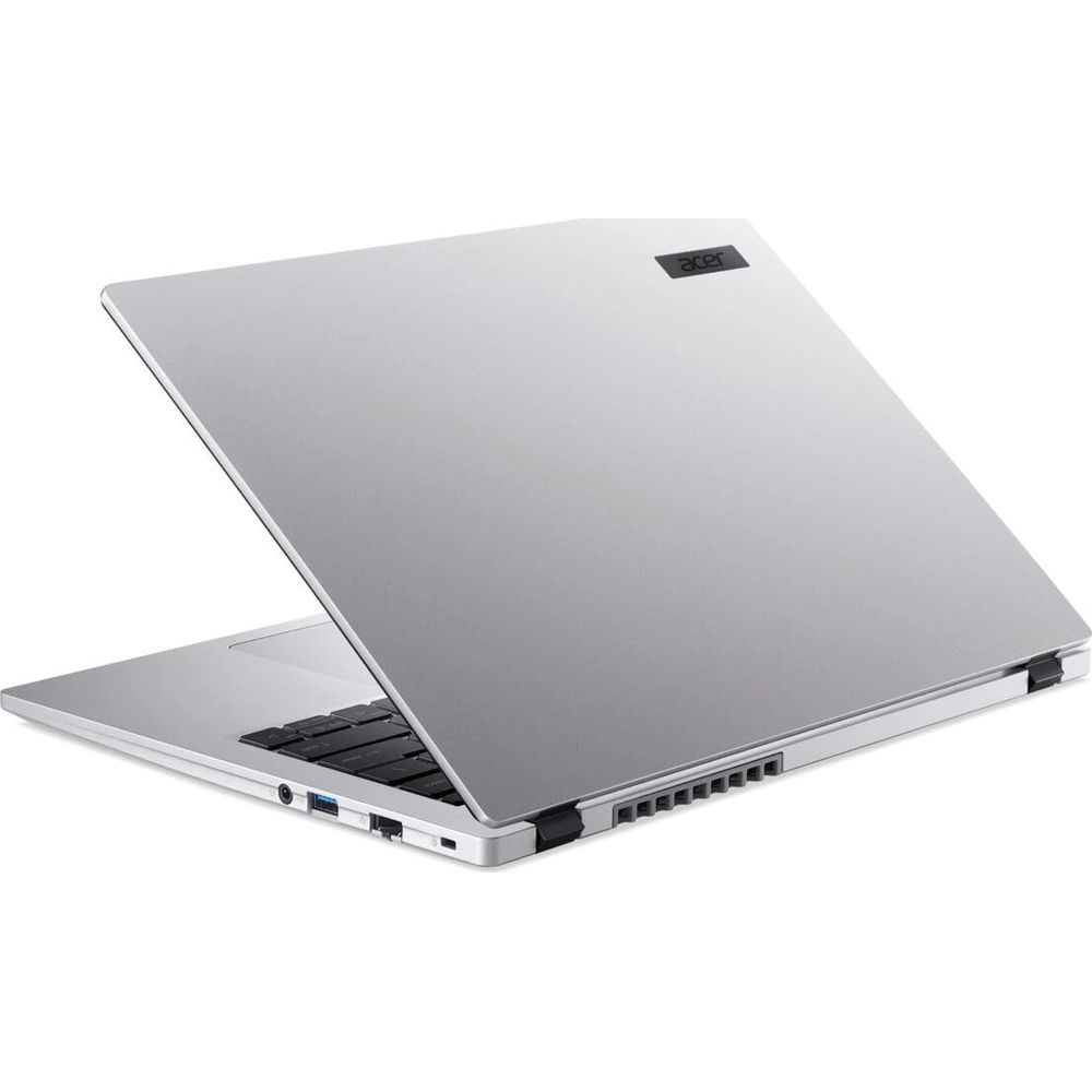 Ordinateur portable Acer argenté avec écran fermé et ports latéraux visibles sur fond blanc.