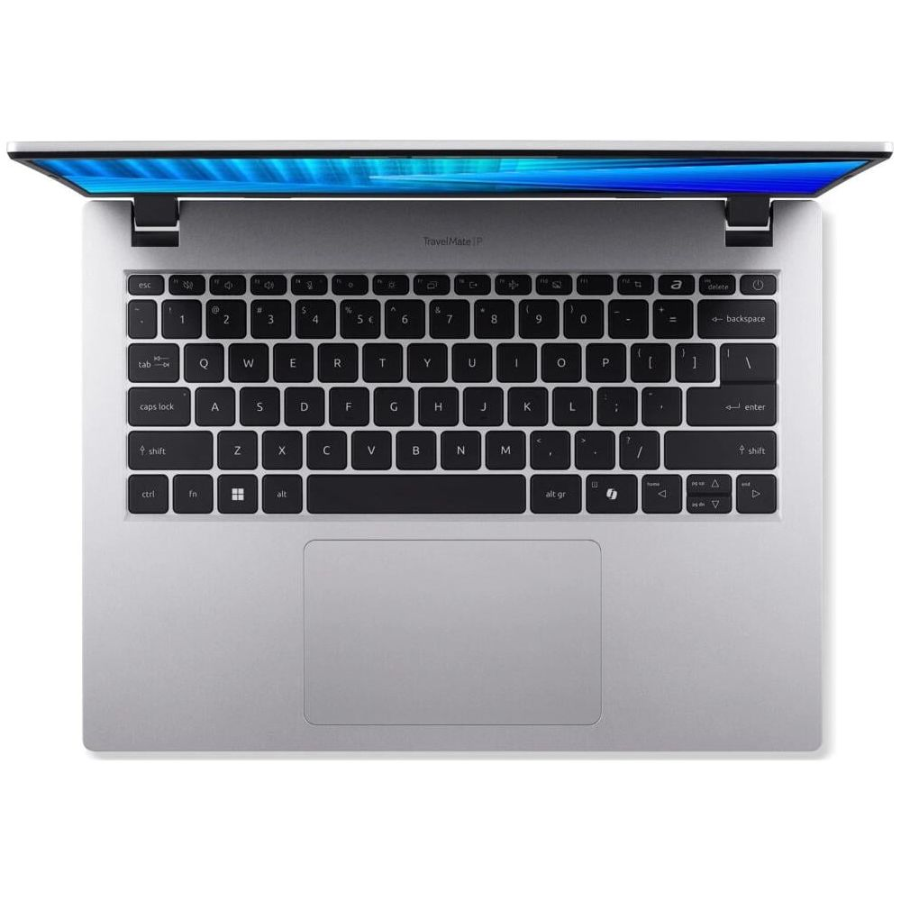 Vue de dessus d'un ordinateur portable argenté ouvert montrant son clavier noir, son pavé tactile et son écran.