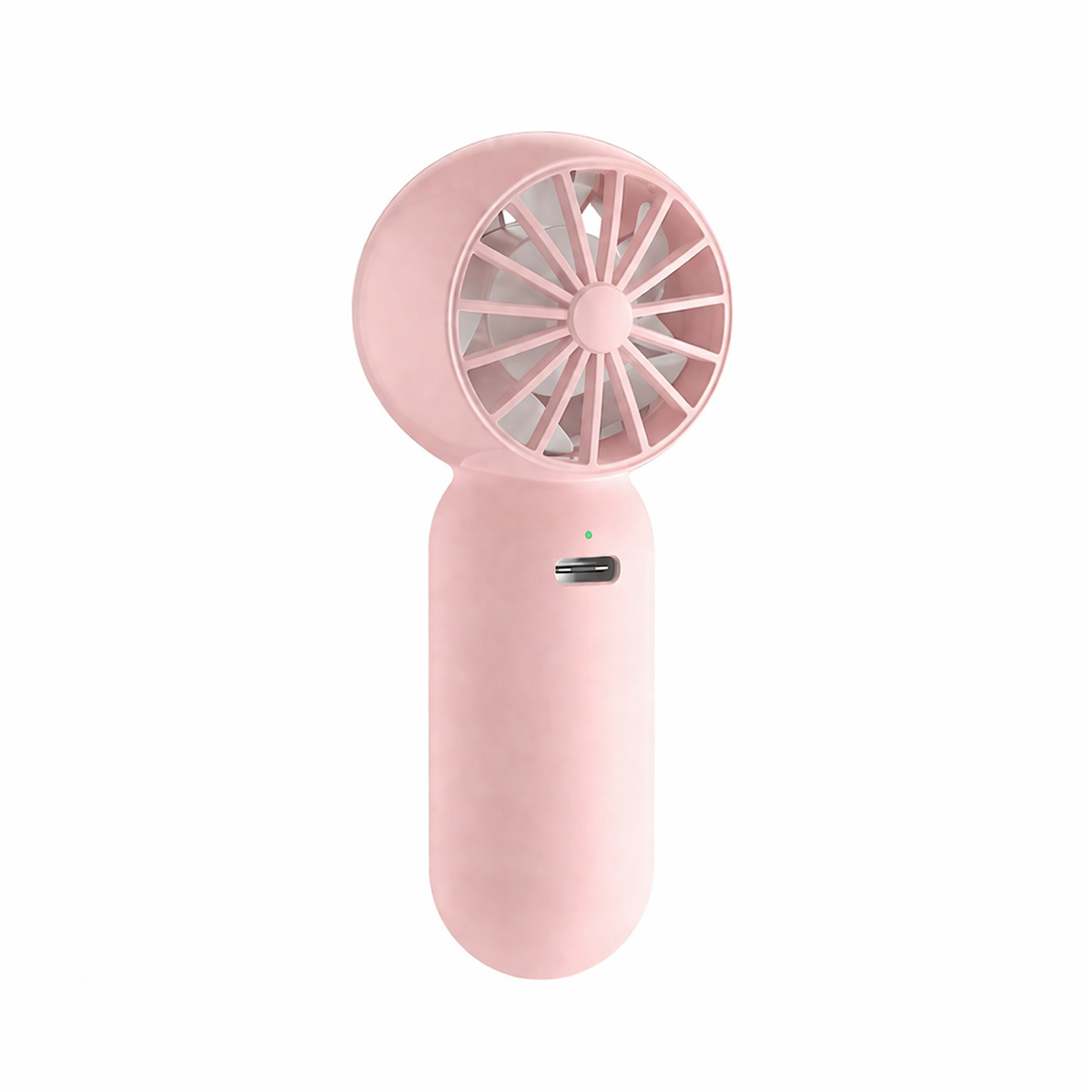 Kleiner, tragbarer rosa Handventilator mit USB-Ladeanschluss auf einem weißen Hintergrund.