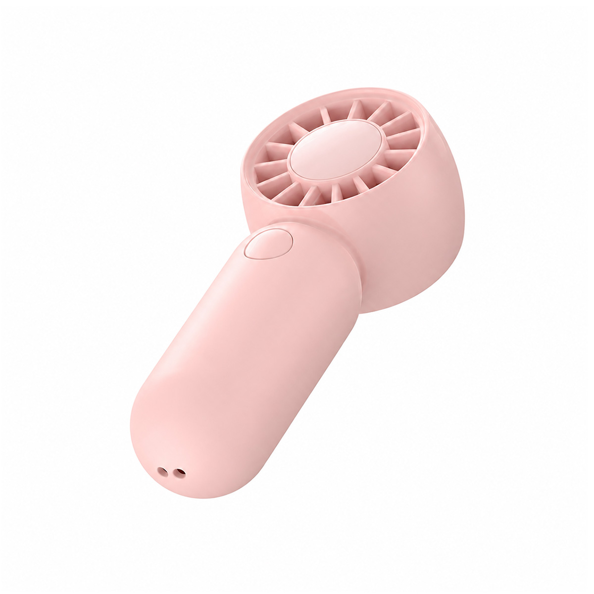 Ein kleiner rosa Handventilator auf weißem Hintergrund.