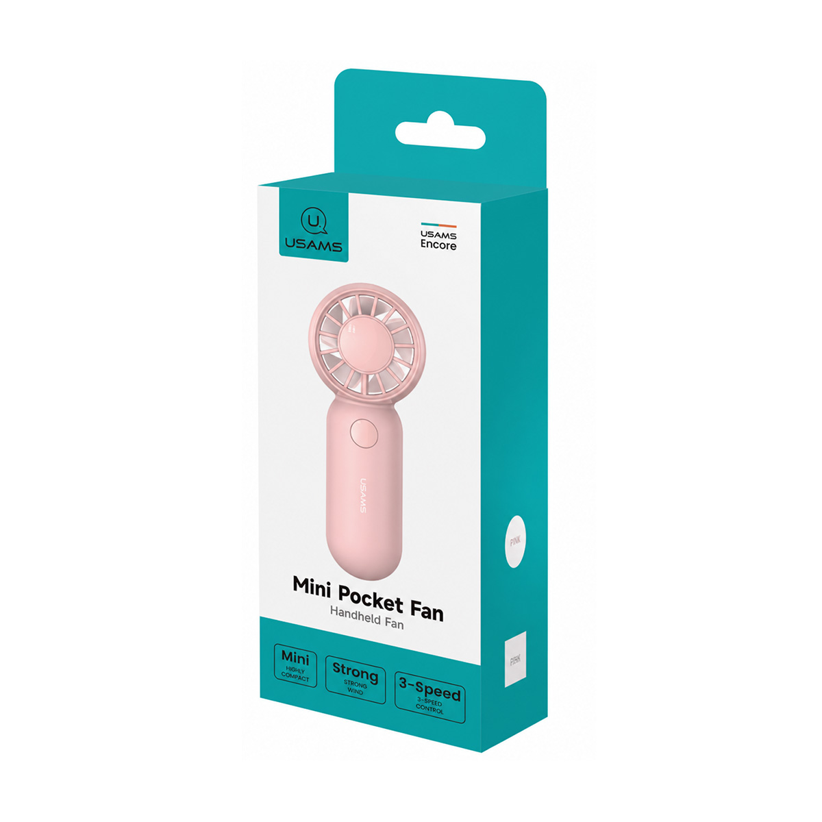 Türkis-weiße Verpackung eines rosa Usams Mini Pocket Fan mit drei Geschwindigkeiten.