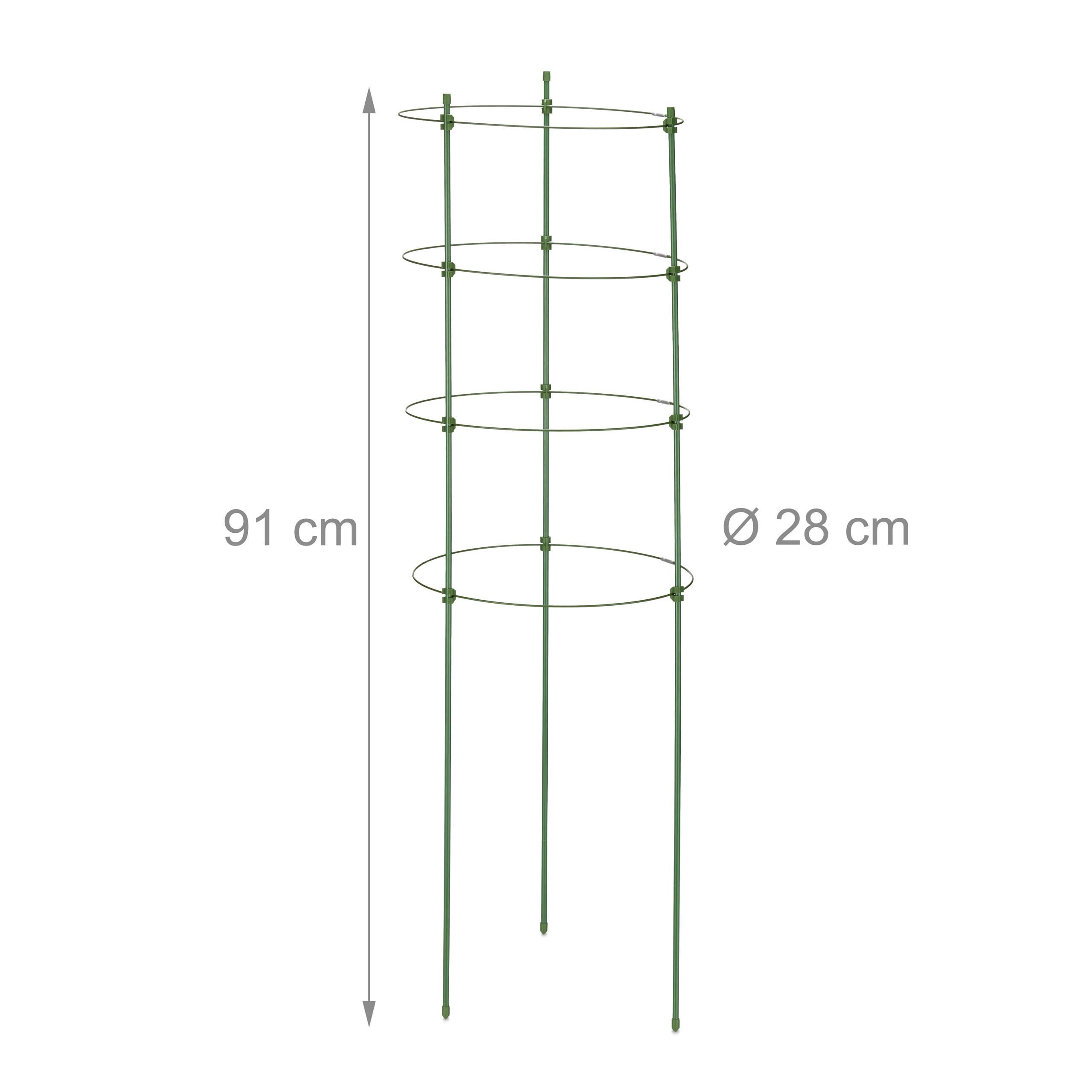 Grüne Pflanzenstütze aus Metall, 91 cm hoch und 28 cm im Durchmesser, mit vier Ringen und drei Stäben.