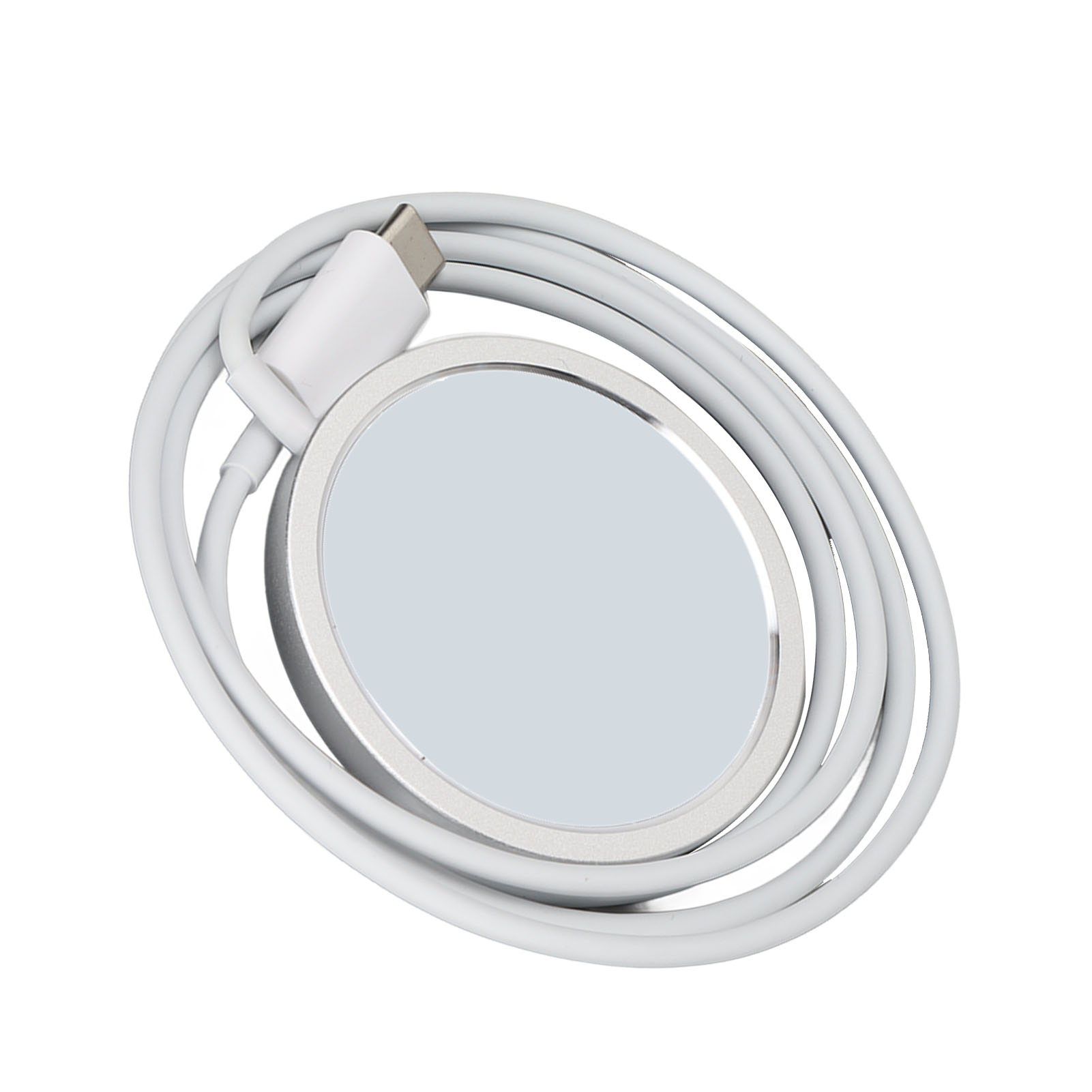 Ein weißes kabelloses Ladegerät mit aufgewickeltem USB-C-Kabel auf weißem Hintergrund.