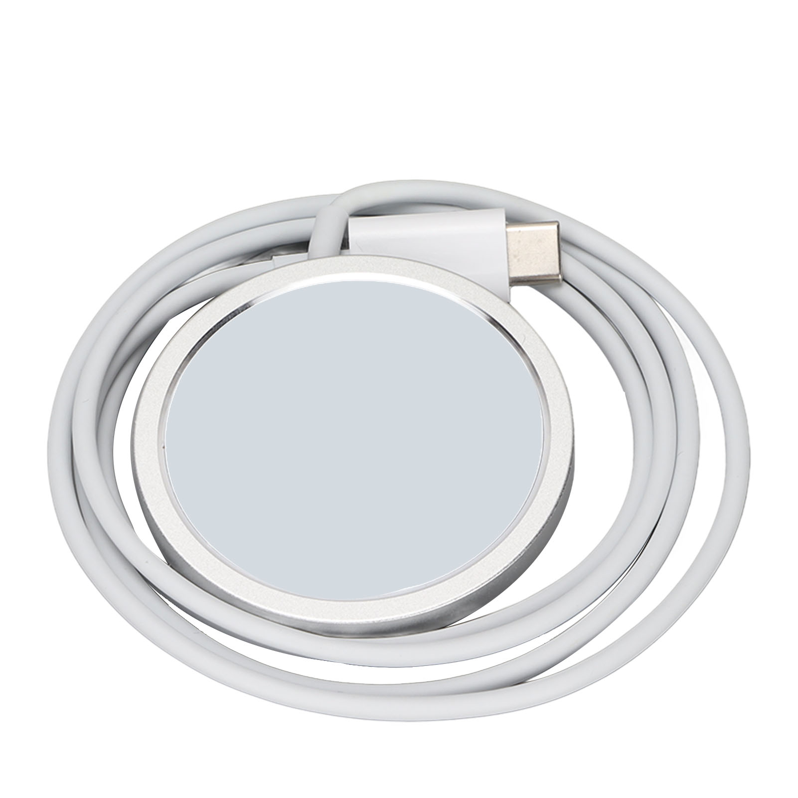 Ein weißes magnetisches Ladegerät mit einem USB-C-Kabel auf weißem Hintergrund.