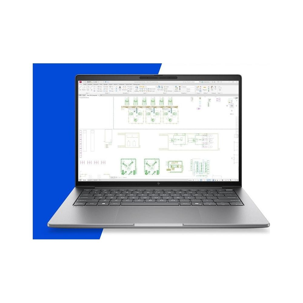 Un laptop argento mostra progetti architettonici sullo schermo su sfondo bianco e blu.