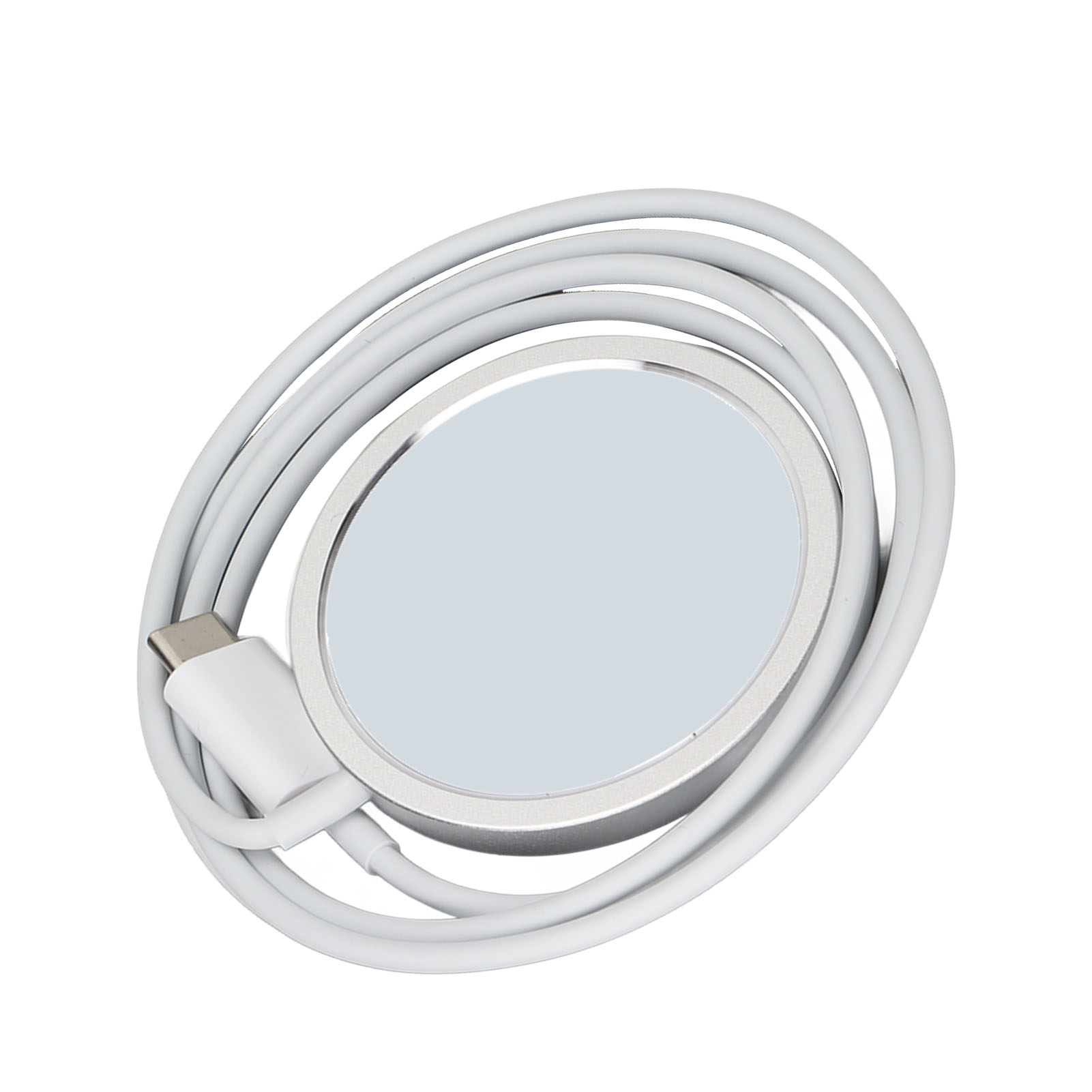 Ein weißes kabelloses Ladegerät mit Kabel und USB-C-Anschluss.