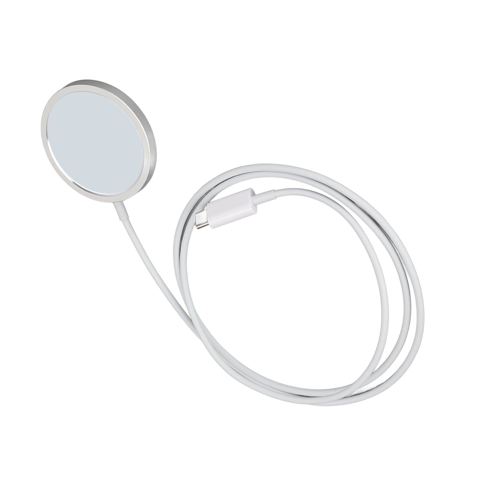 Ein weißes MagSafe-Ladegerät mit silbernem Metallring und aufgerolltem USB-C-Kabel.