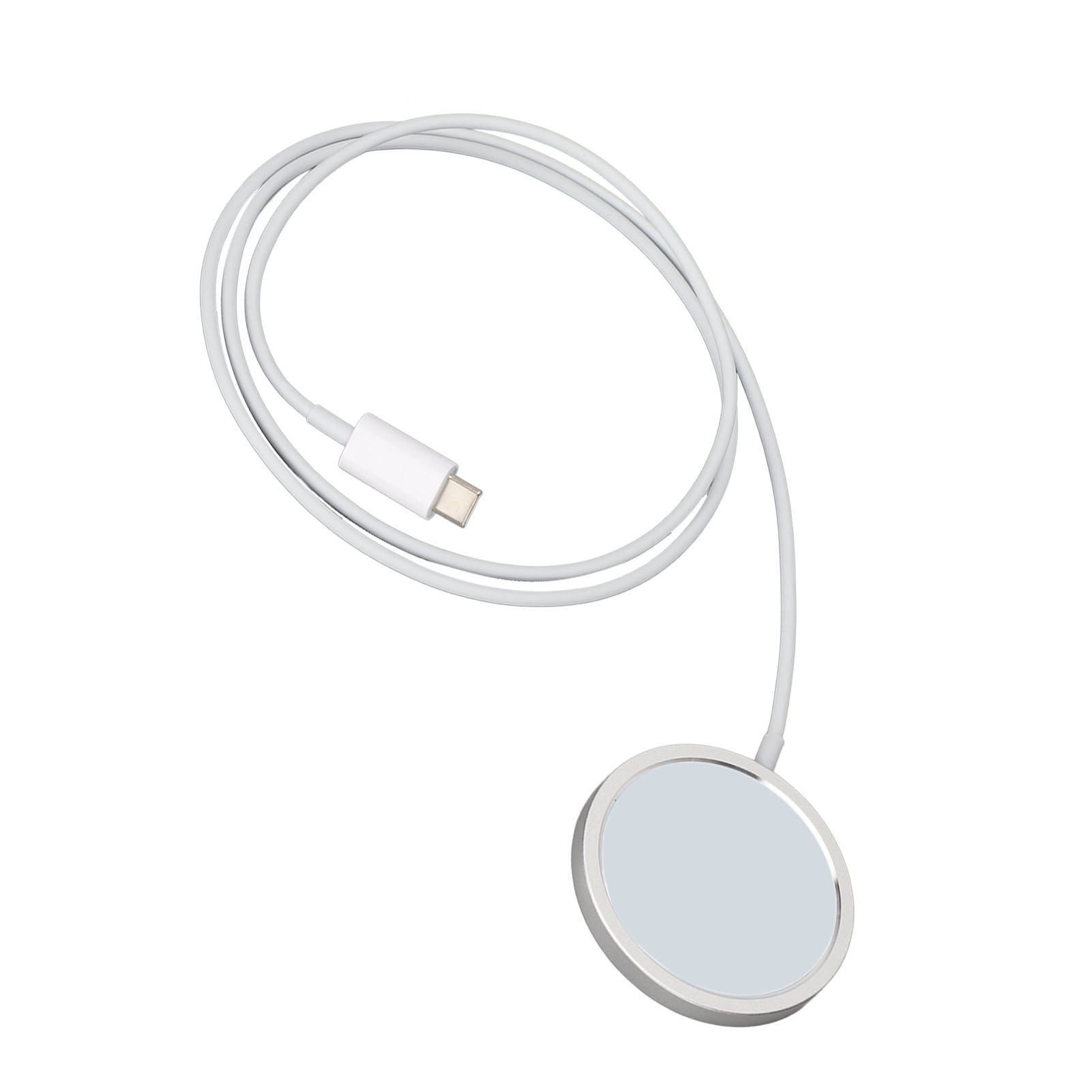 Ein weißes kabelloses Ladegerät mit Kabel und USB-C-Stecker auf weißem Hintergrund.