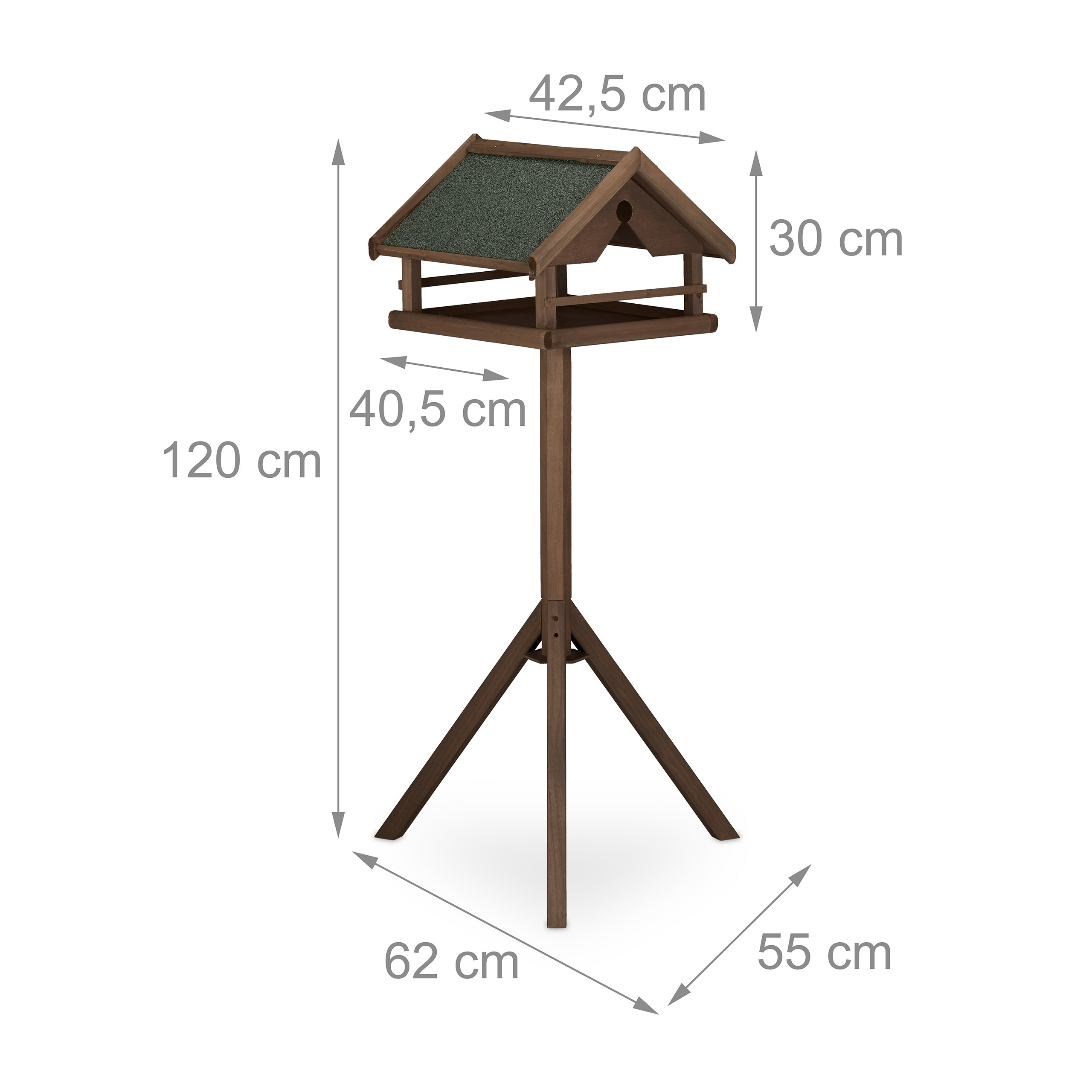 Hölzernes Vogelfutterhaus auf einem Stative mit Maßen in Zentimetern.