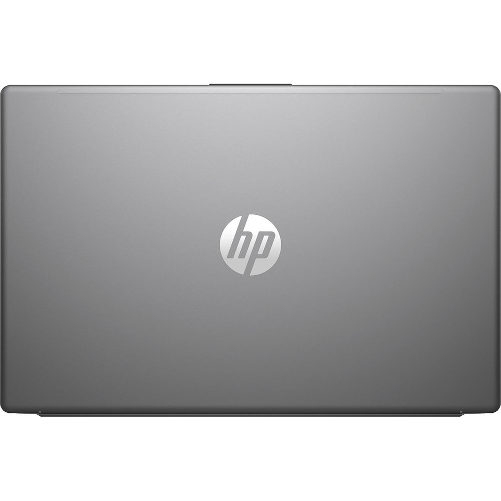 Laptop HP grigio chiuso visto dall'alto con logo argento.